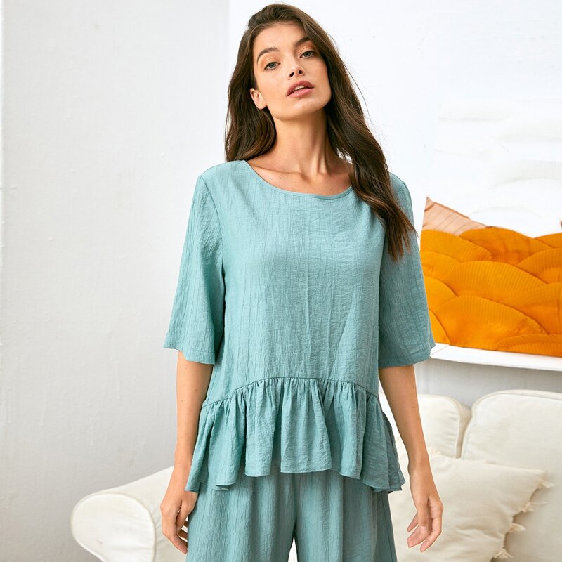 

Solid Ruffle Hem Sleep Top, Cadet blue