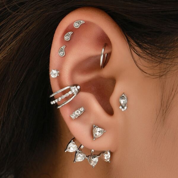 

9pcs Rhinestone Decor Earrings, Silver