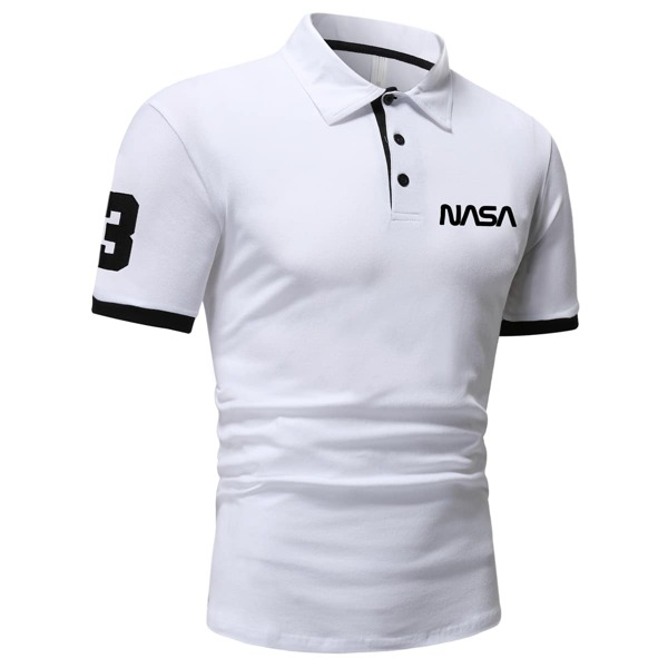 

Men Letter Graphic Contrast Cuff Polo Shirt, White