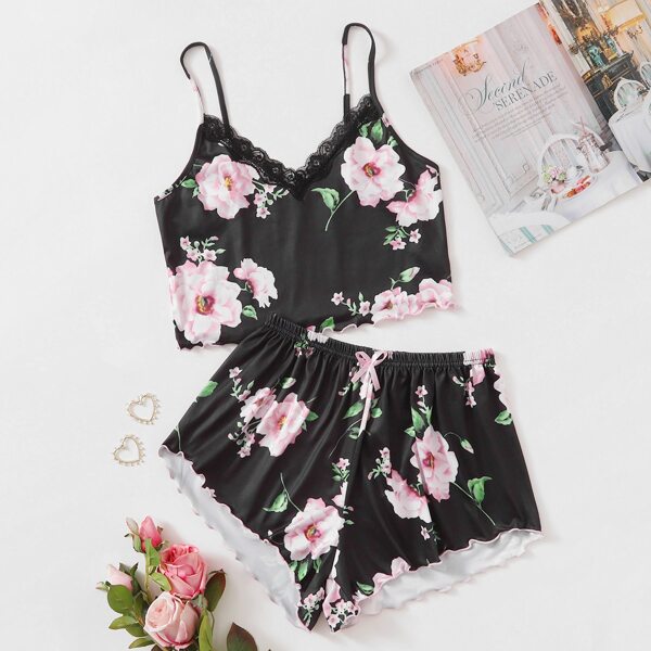 

Floral Lace Insert Lettuce Trim Pajama Set, Multicolor