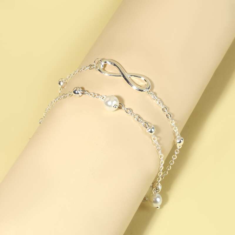 

Faux Pearl Layered Anklet, Silver