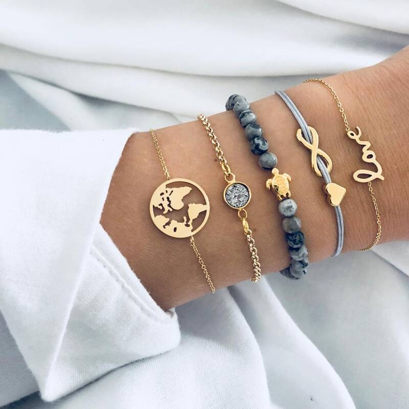 

5pcs Map & Letter Bracelet Set, Gold