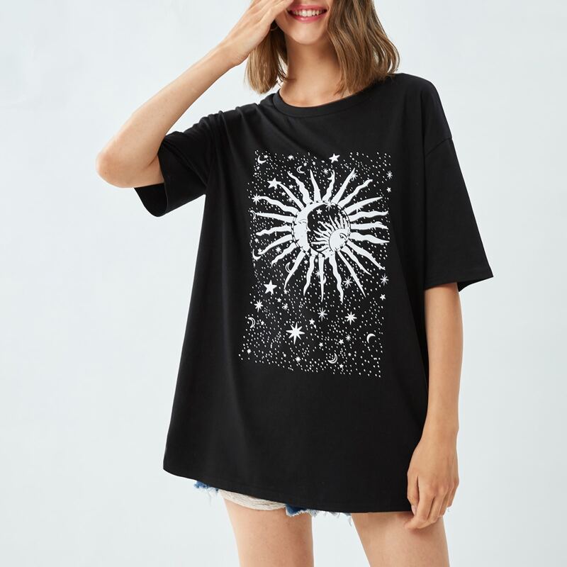 

Sun & Moon Graphic Oversized Tee, Black