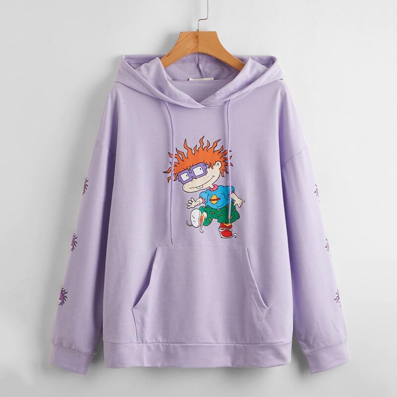 

Cartoon Graphic Drawstring Pocket Hoodie, Lilac purple