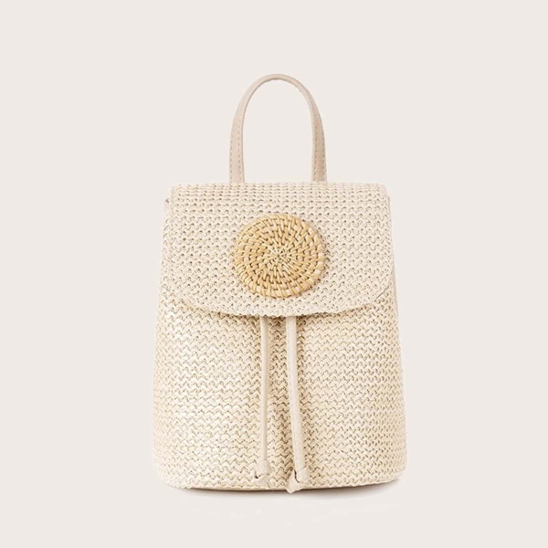 

Straw Design Flap Backpack, Beige