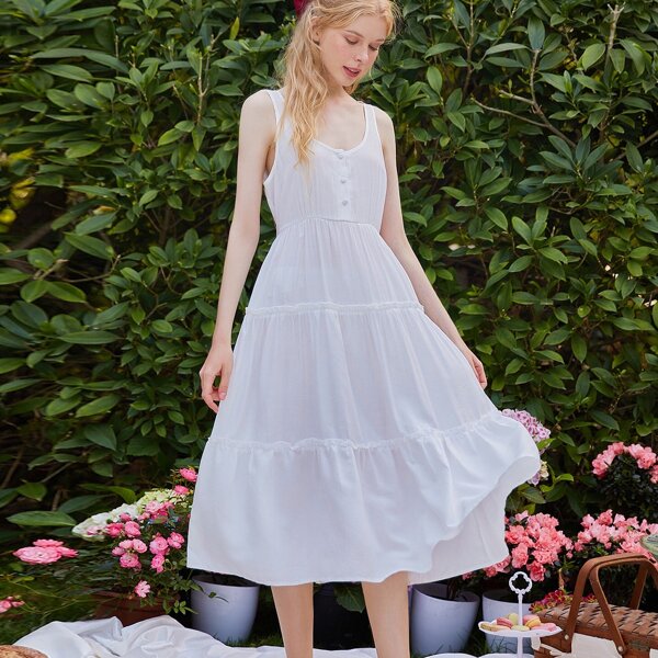 

Solid Ruffle Hem Nightdress, White