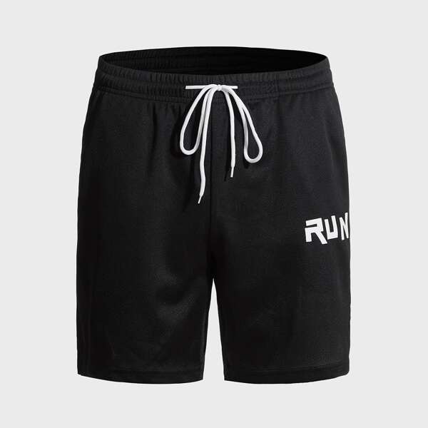 

Men Letter Graphic Drawstring Waist Sports Shorts, Black