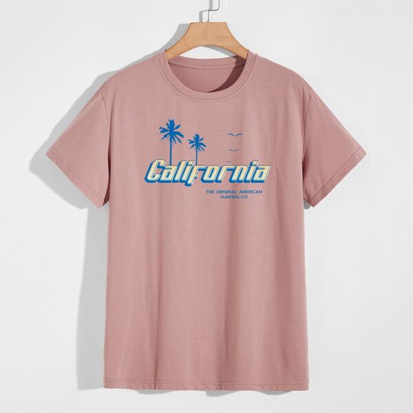 

Men Slogan And Tropical Print Tee, Dusty pink