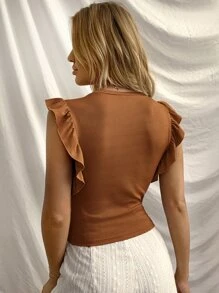 Franclia Ruffle Trim Round Neck Rib-knit Top - Brown - View 3
