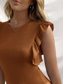 Franclia Ruffle Trim Round Neck Rib-knit Top - Brown - View 6