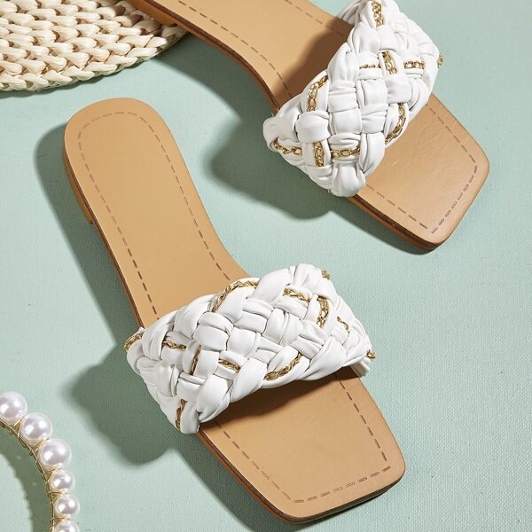 

Chain Decor Braided Slide Sandals, White