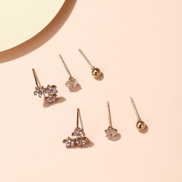 

3pairs Rhinestone Detail Earrings, Gold