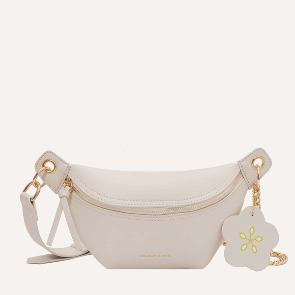 

Letter Graphic Fanny Pack With Floral Bag Charm, Beige