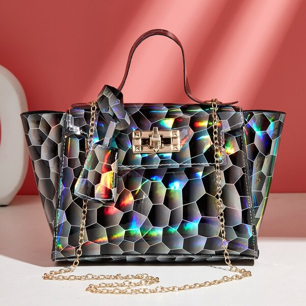 

Holographic Geometric Graphic Chain Satchel Bag, Black