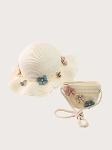 Girls Flower Decor Straw Hat & Bag - White - View 1