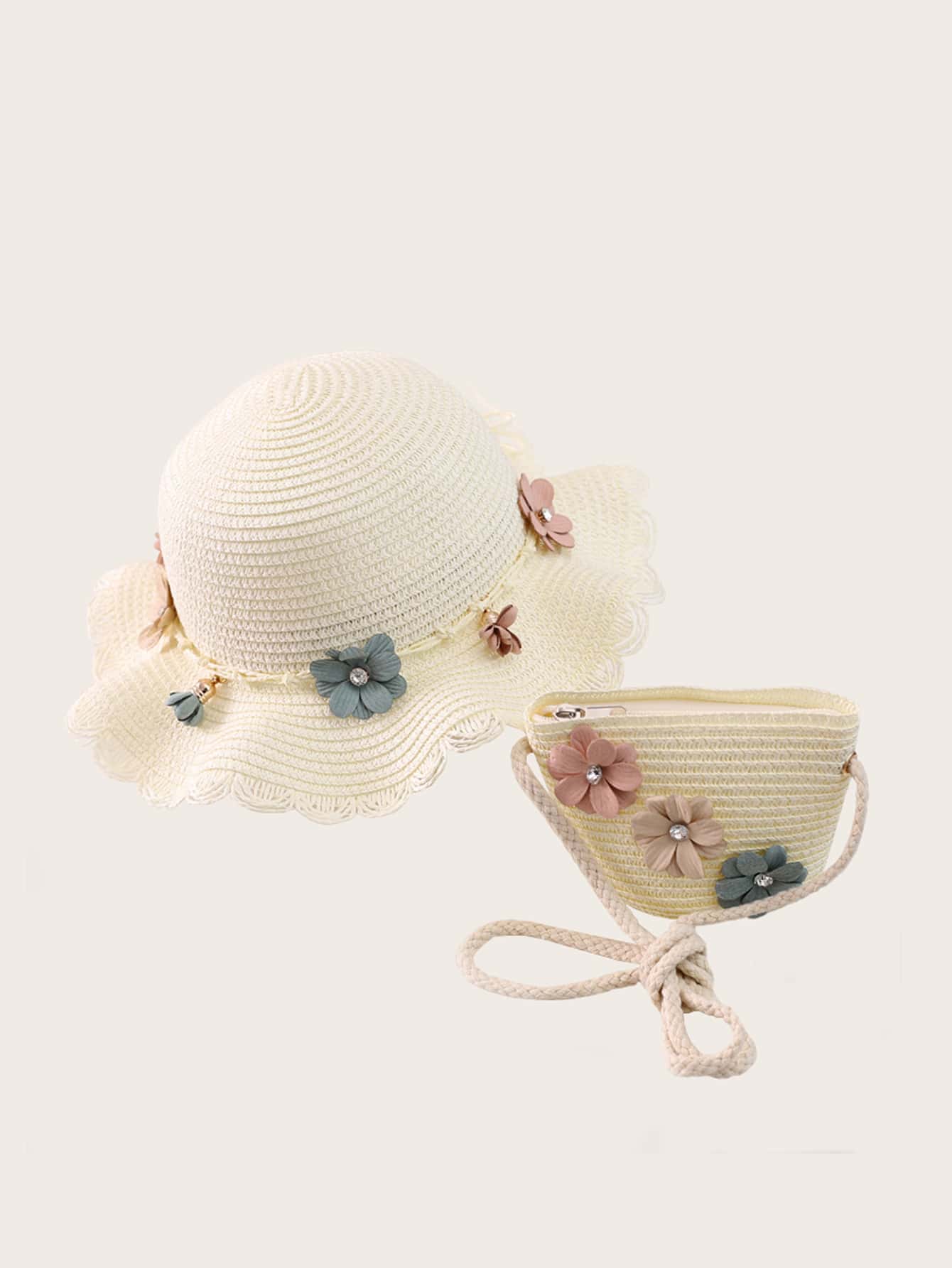 Girls Flower Decor Straw Hat & Bag - White - View 1