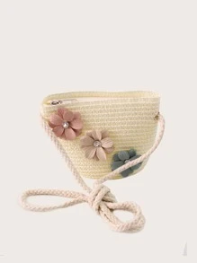 Girls Flower Decor Straw Hat & Bag - White - View 3