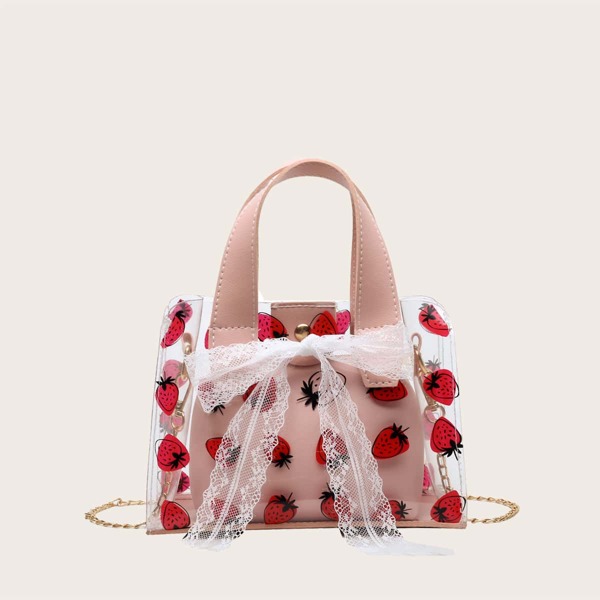 

Girls Clear Strawberry Graphic Satchel Bag With Inner Pouch, Multicolor