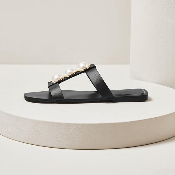 

Faux Pearl Decor Slide Sandals, Black
