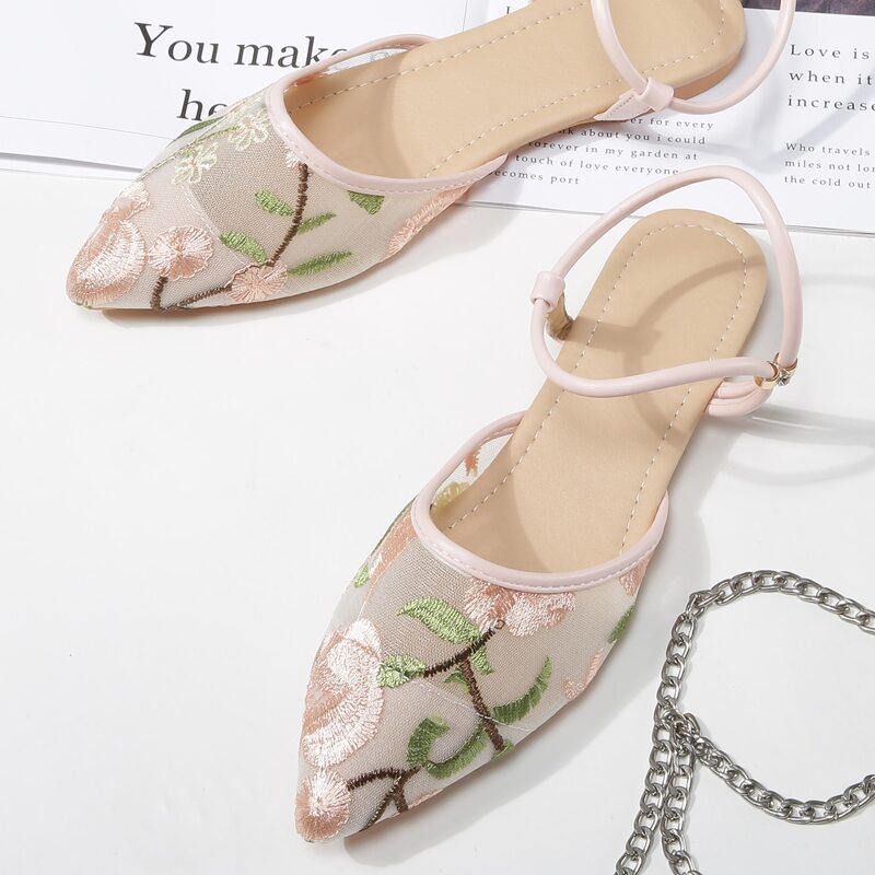 

Flower Embroidered Sheer Mesh Flats, Pink