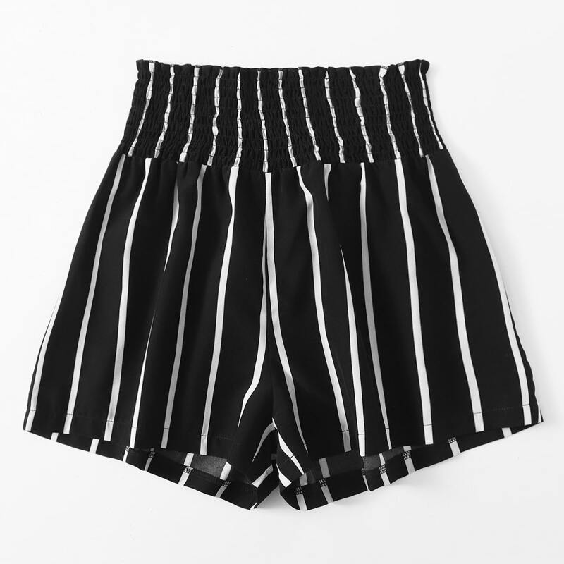 

Striped Shirred Shorts, Black