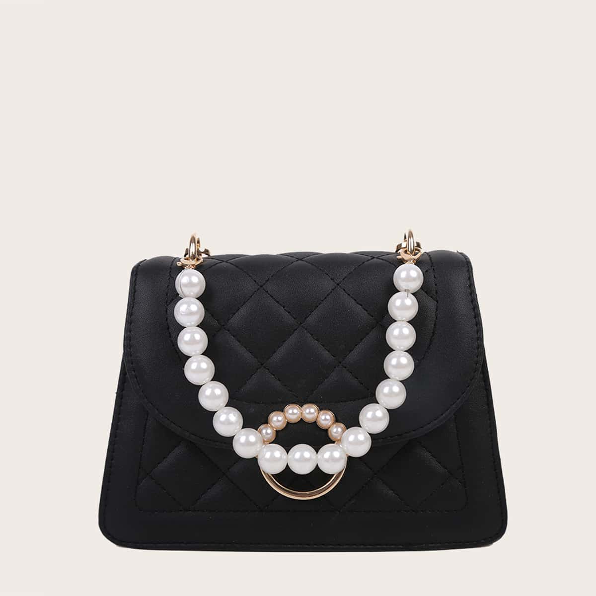 

Faux Pearl Handle Quilted Satchel Bag, Black