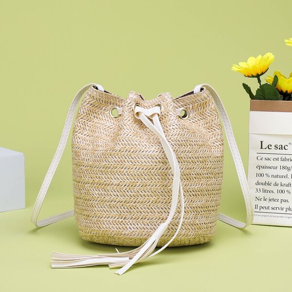 

Tassel Decor Straw Bucket Bag, Khaki