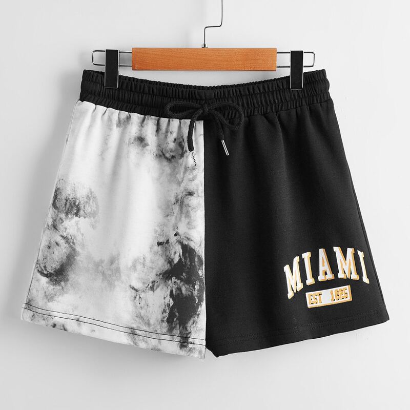 

Letter Contrast Tie Dye Drawstring Shorts, Black and white