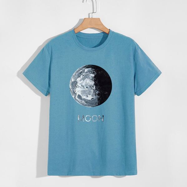 

Men Moon Print Short Sleeve Tee, Blue