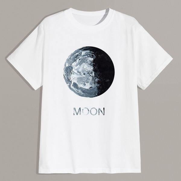 

Men Moon Print Short Sleeve Tee, White