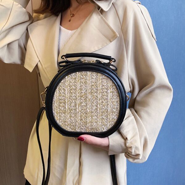

Double Zipper Straw Bag, Black