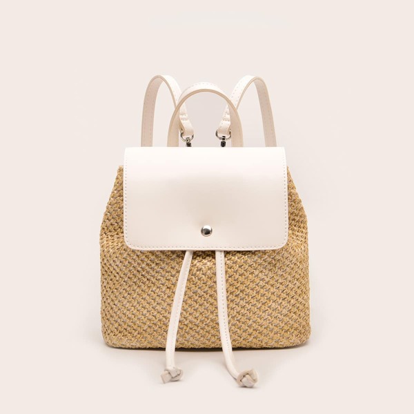 

Drawstring Decor Flap Straw Bag, White