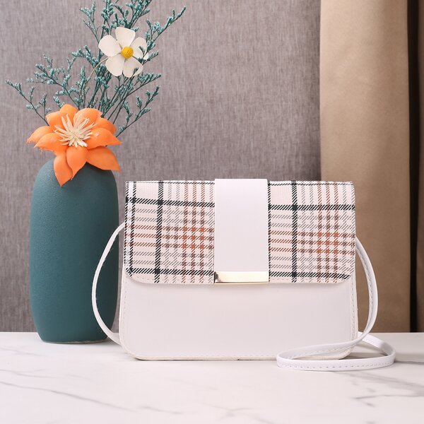 

Plaid Pattern Flap Crossbody Bag, White