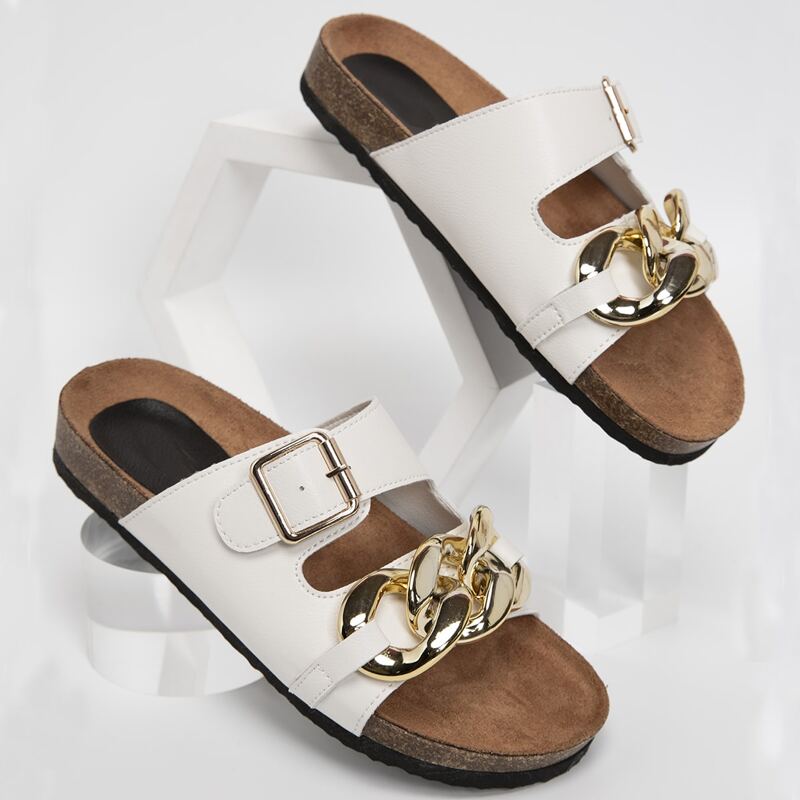 

Chain & Buckle Strap Slide Sandals, White