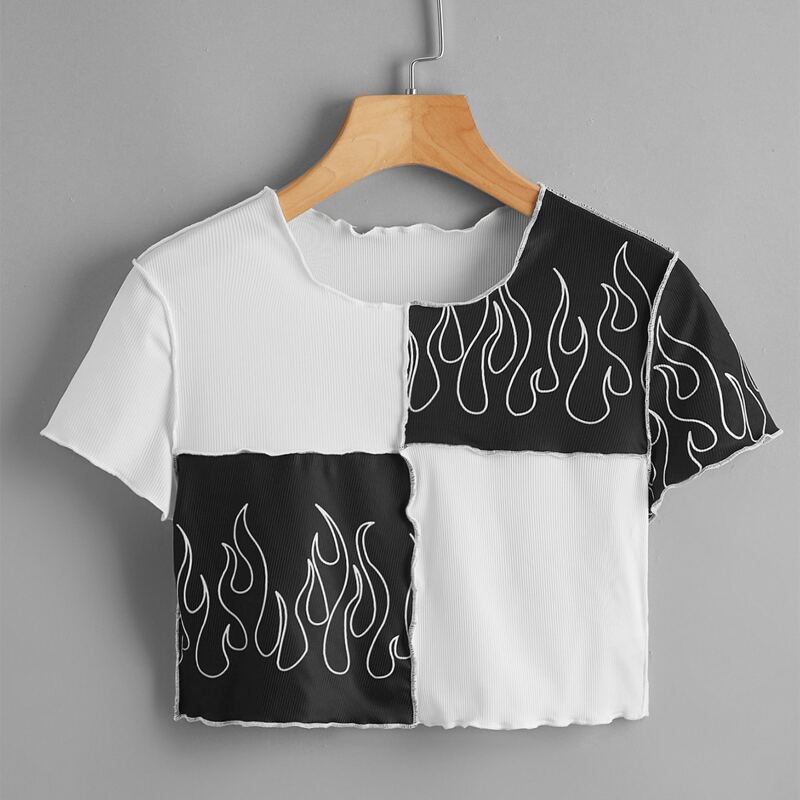 

Stitching Trim Colorblock Fire Graphic Tee, Black and white