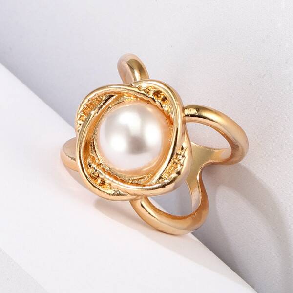 

Faux Pearl Decor Scarf Buckle Ring, Gold