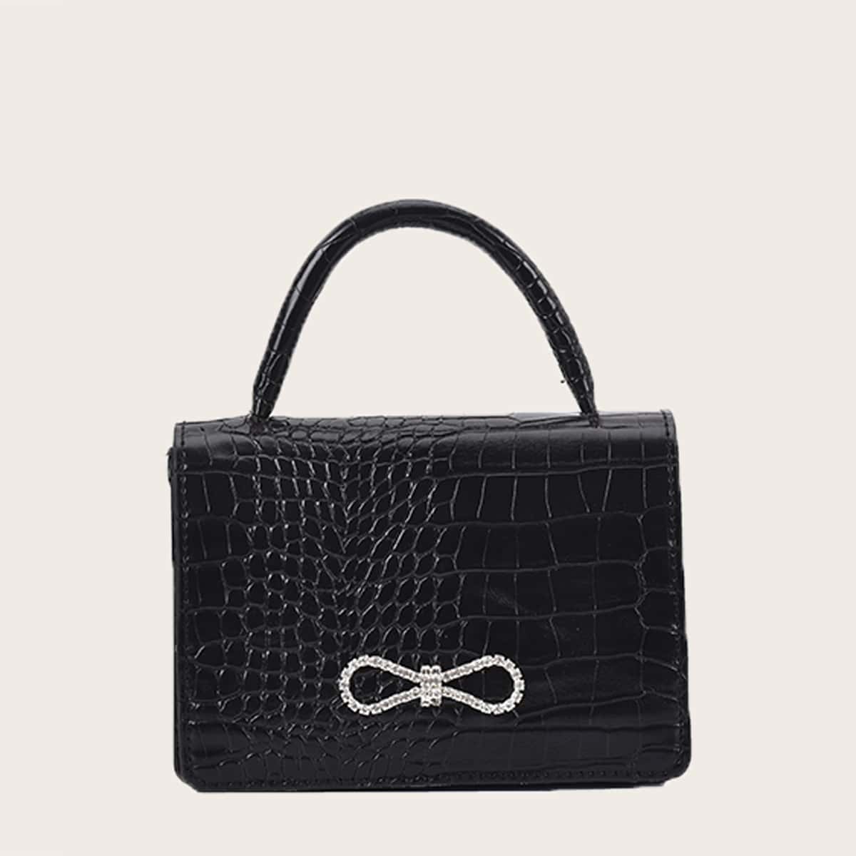 

Bow Croc Embossed Satchel Bag, Black