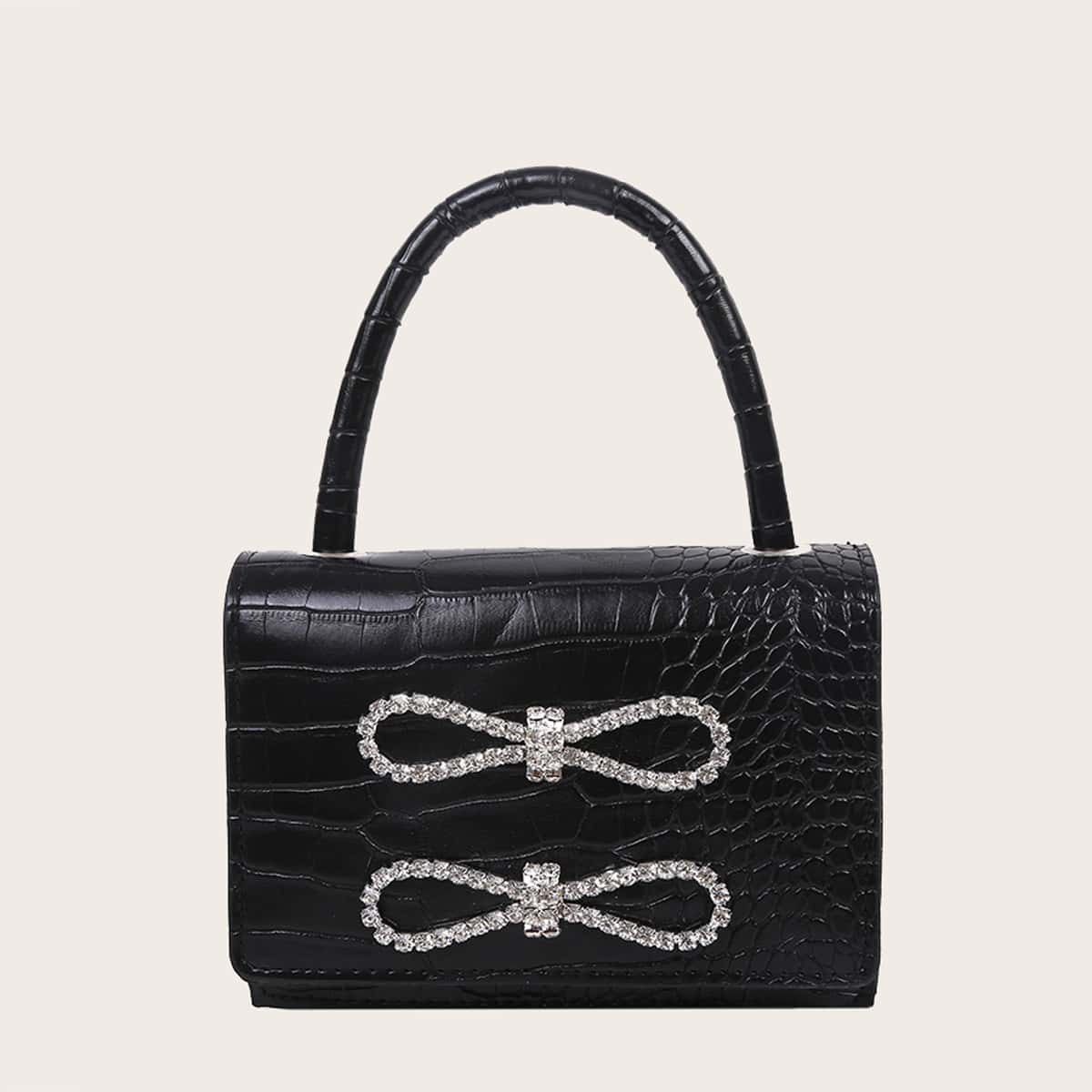 

Rhinestone Bow Croc Embossed Satchel Bag, Black
