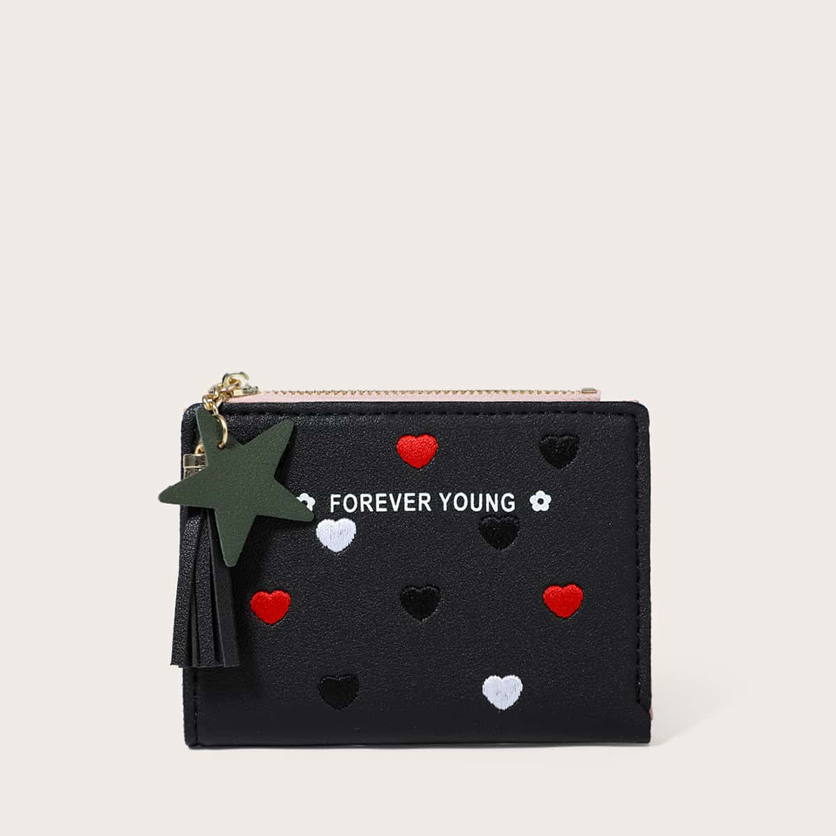 

Heart Embroidery Zip Purse, Black