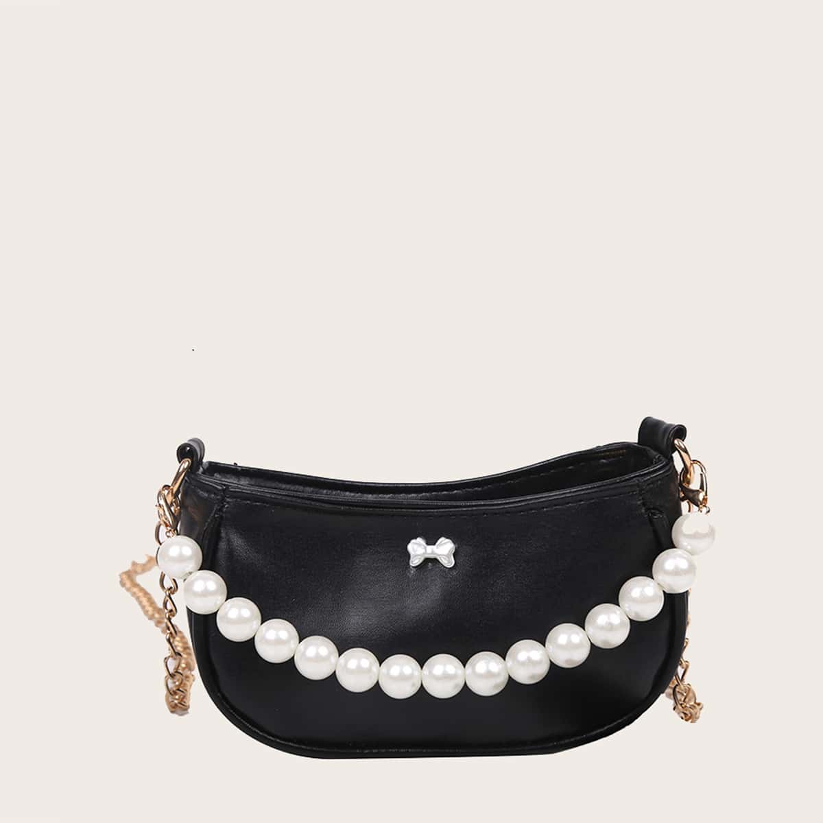 

Faux Pearl Handle Mini Satchel Bag, Black