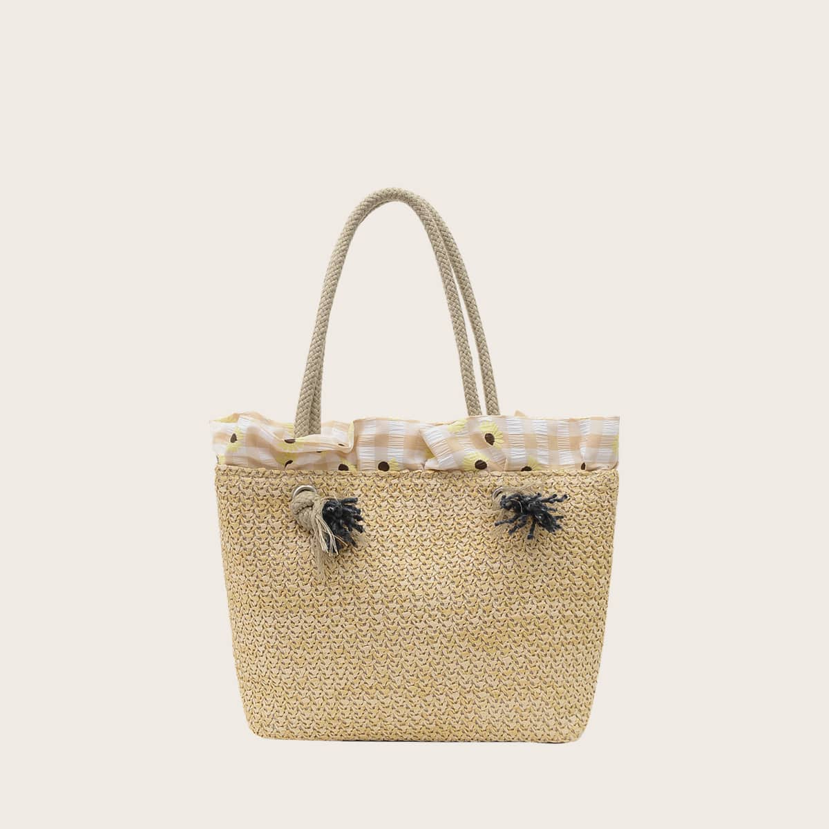 

Ruffle Trim Straw Tote Bag, Khaki