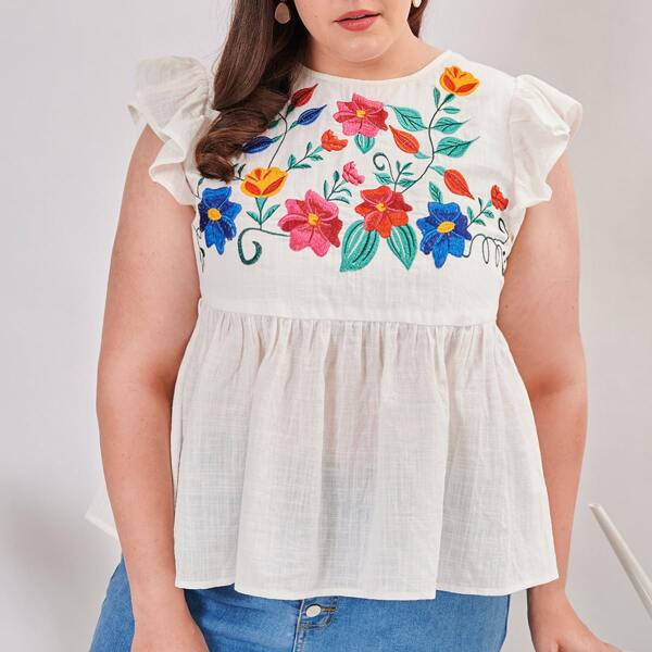 

Plus Ruffle Trim Floral Embroidery Peplum Top, White