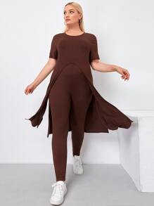 Camiseta larga con abertura lateral unicolor con leggings - Café integral - Ver 1