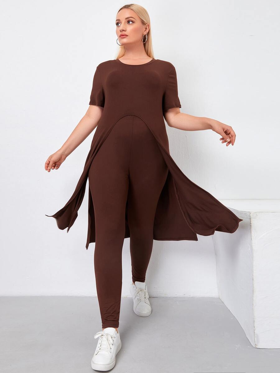 Camiseta larga con abertura lateral unicolor con leggings - Café integral - Ver 1