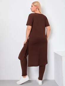 Camiseta larga con abertura lateral unicolor con leggings - Café integral - Ver 2