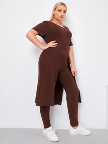 Camiseta larga con abertura lateral unicolor con leggings - Café integral - Ver 3