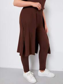Camiseta larga con abertura lateral unicolor con leggings - Café integral - Ver 4