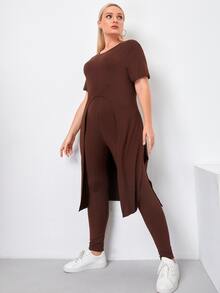 Camiseta larga con abertura lateral unicolor con leggings - Café integral - Ver 5