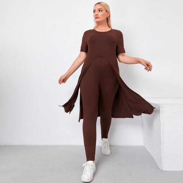 

Plus Solid Side Split Longline Tee & Leggings, Coffee brown