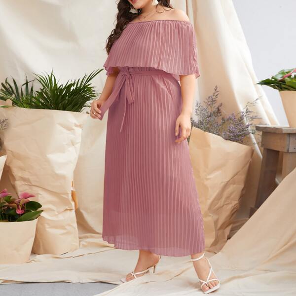 

Plus Off-shoulder Pleated Belted Dress, Dusty pink